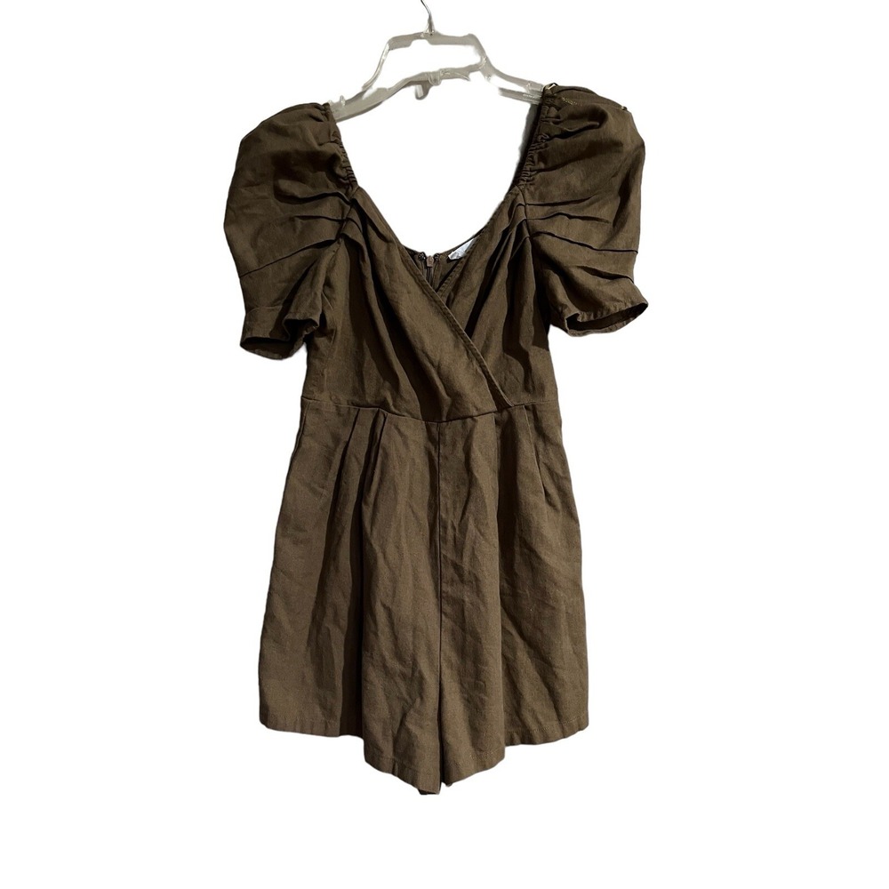 All in Favor Women Brown Puff Sleeve Linen Blend Short Romper Size XS